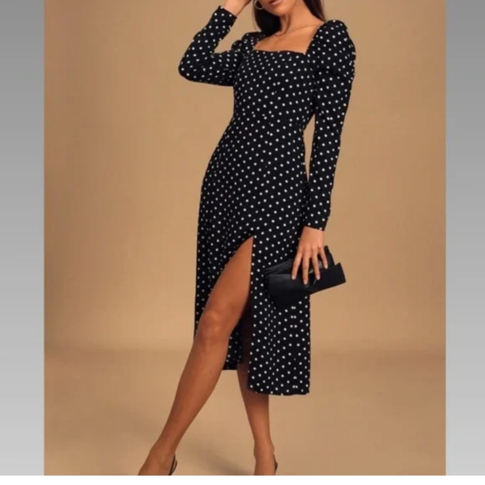 LULU'S Charmed & Classy Polka Dot Long Sleeve Midi Dress Black White Size Small